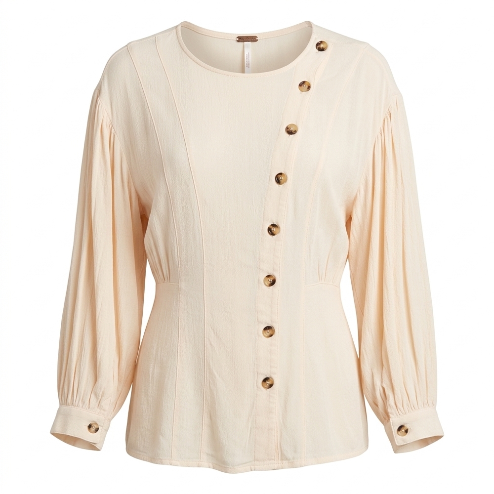 Free People cream rayon blouse with asymmetrical button placket, pleated long sl
